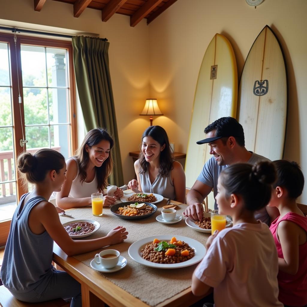 Family enjoying breakfast at a surf homestay in Nicaragua