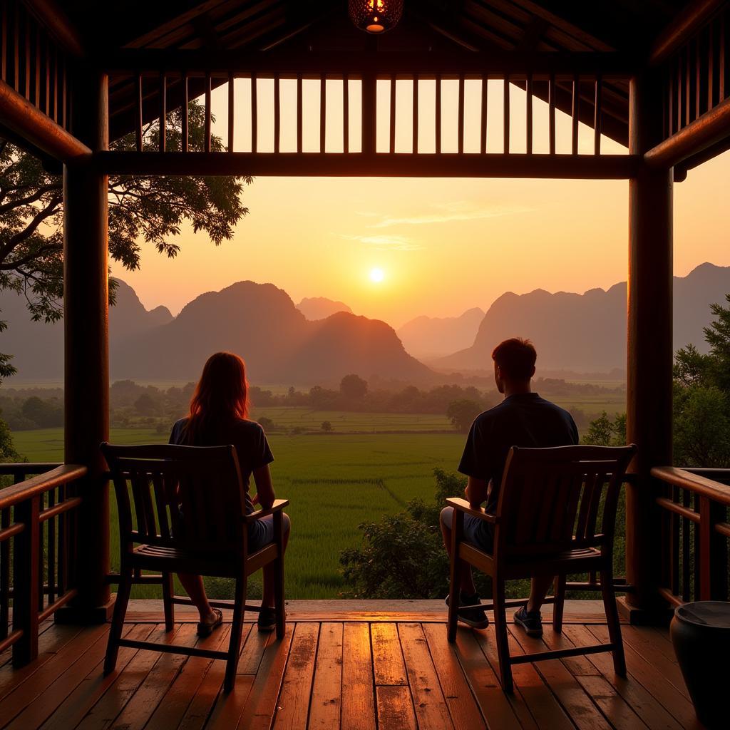 Guests enjoying the sunset view from their Ninh Binh homestay