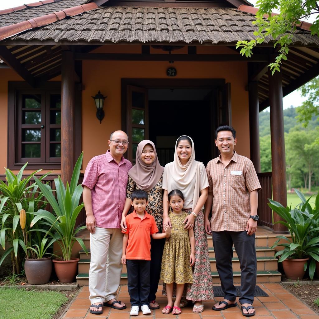 Smiling Indonesian family welcoming guests to their homestay in Pelabuhan Ratu