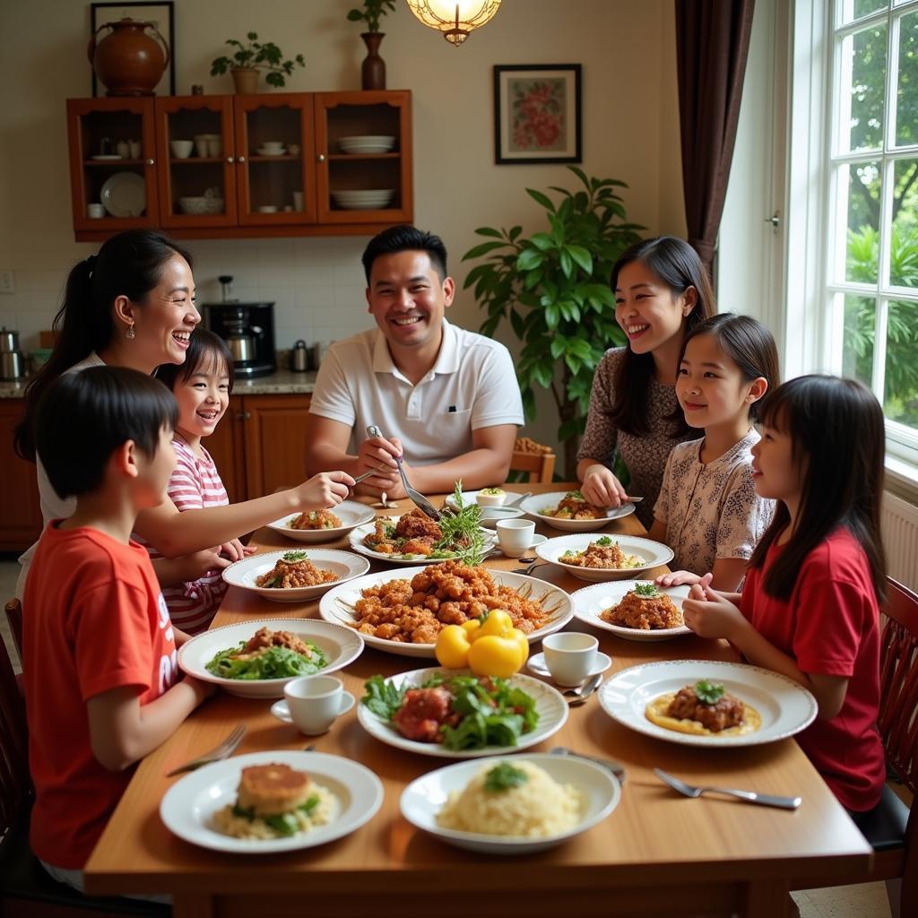 Family enjoying a traditional Malaysian dinner in a Penang homestay