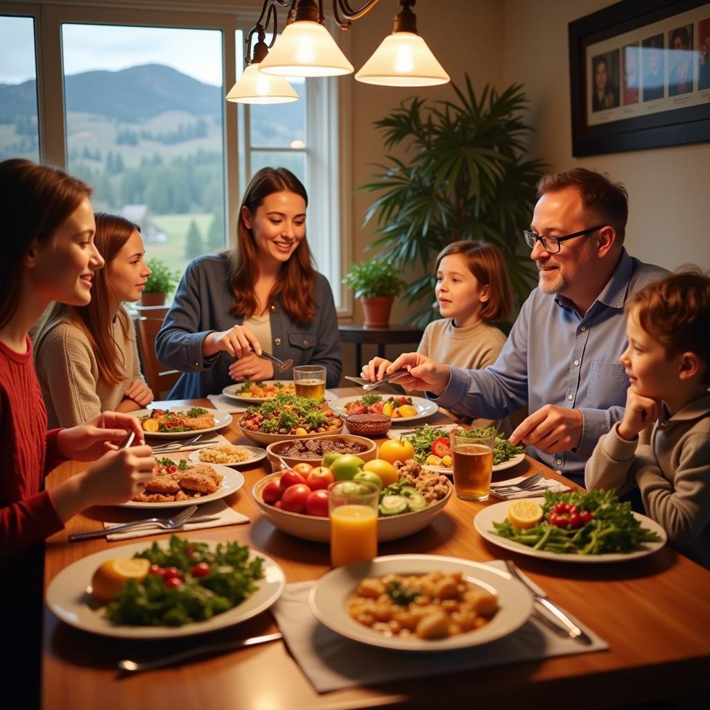 Family enjoying dinner in a Penticton homestay