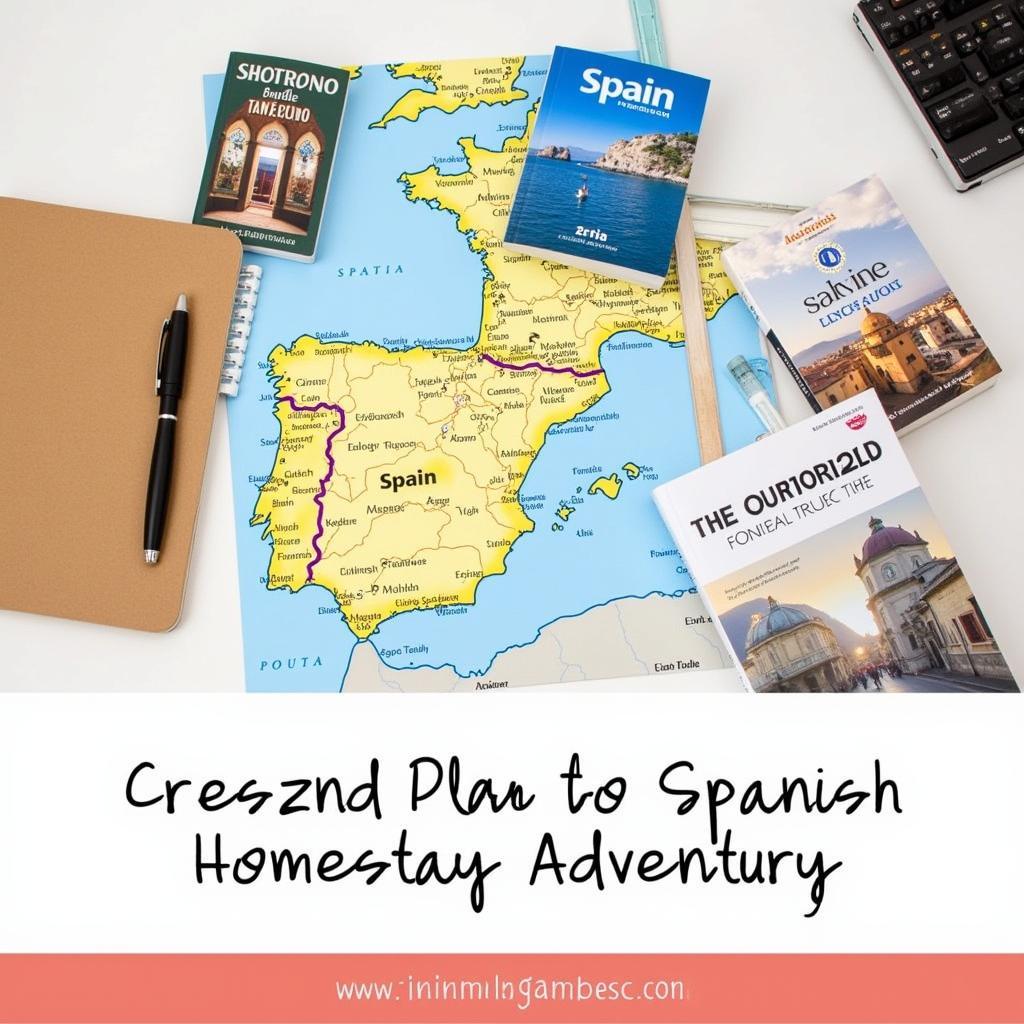 Planning a Spanish homestay trip with a map and travel guides