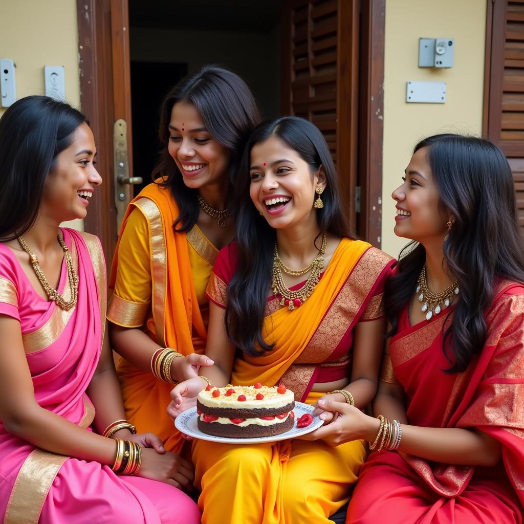 A family gathering in traditional attire at a Porur homestay