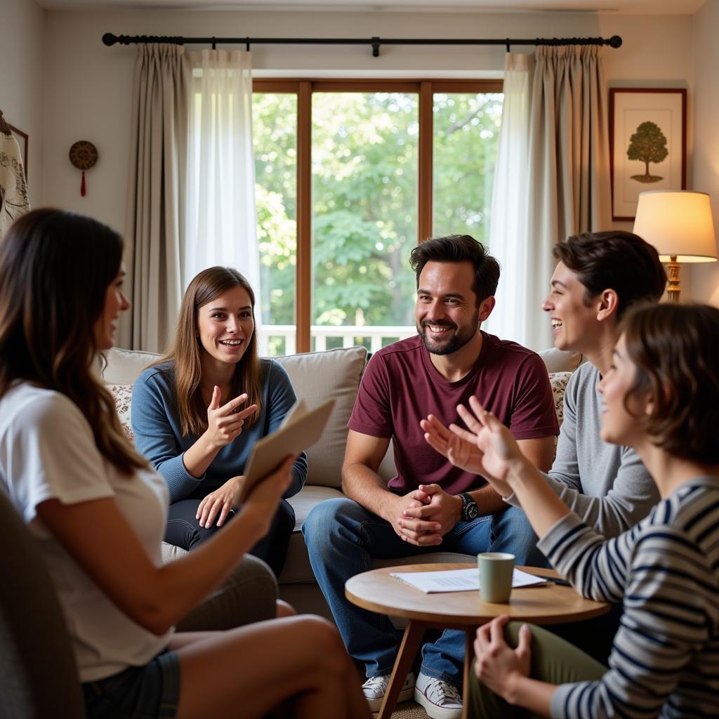 A traveler practicing Spanish with their host family in the living room.