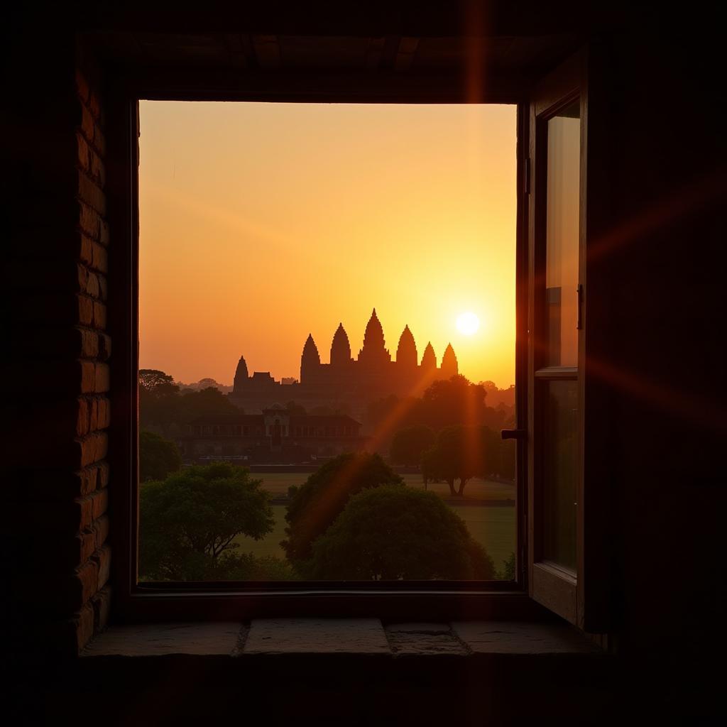 Sunrise over Prambanan Temple from a nearby homestay