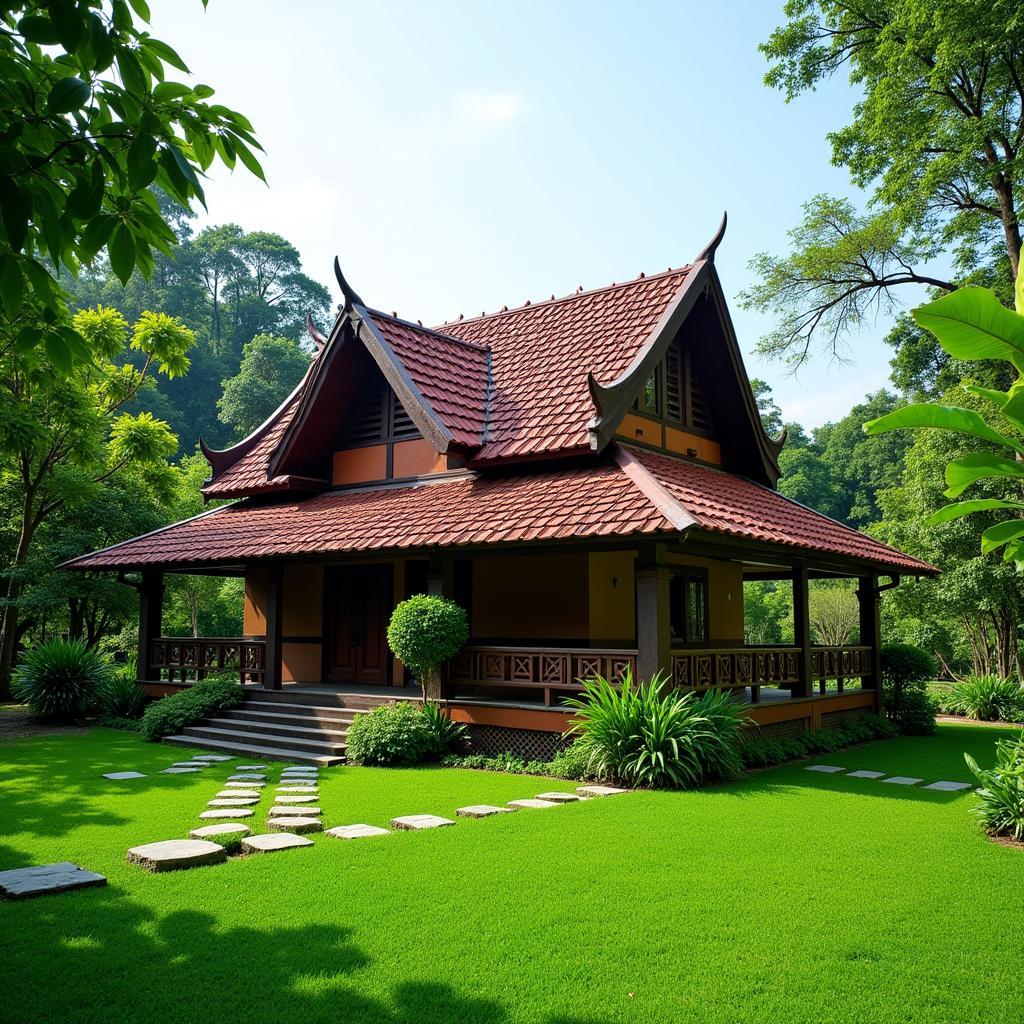 A traditional Malay house nestled in the lush greenery of Pulau Chekas, Raub, offering a glimpse into the local architecture and lifestyle.