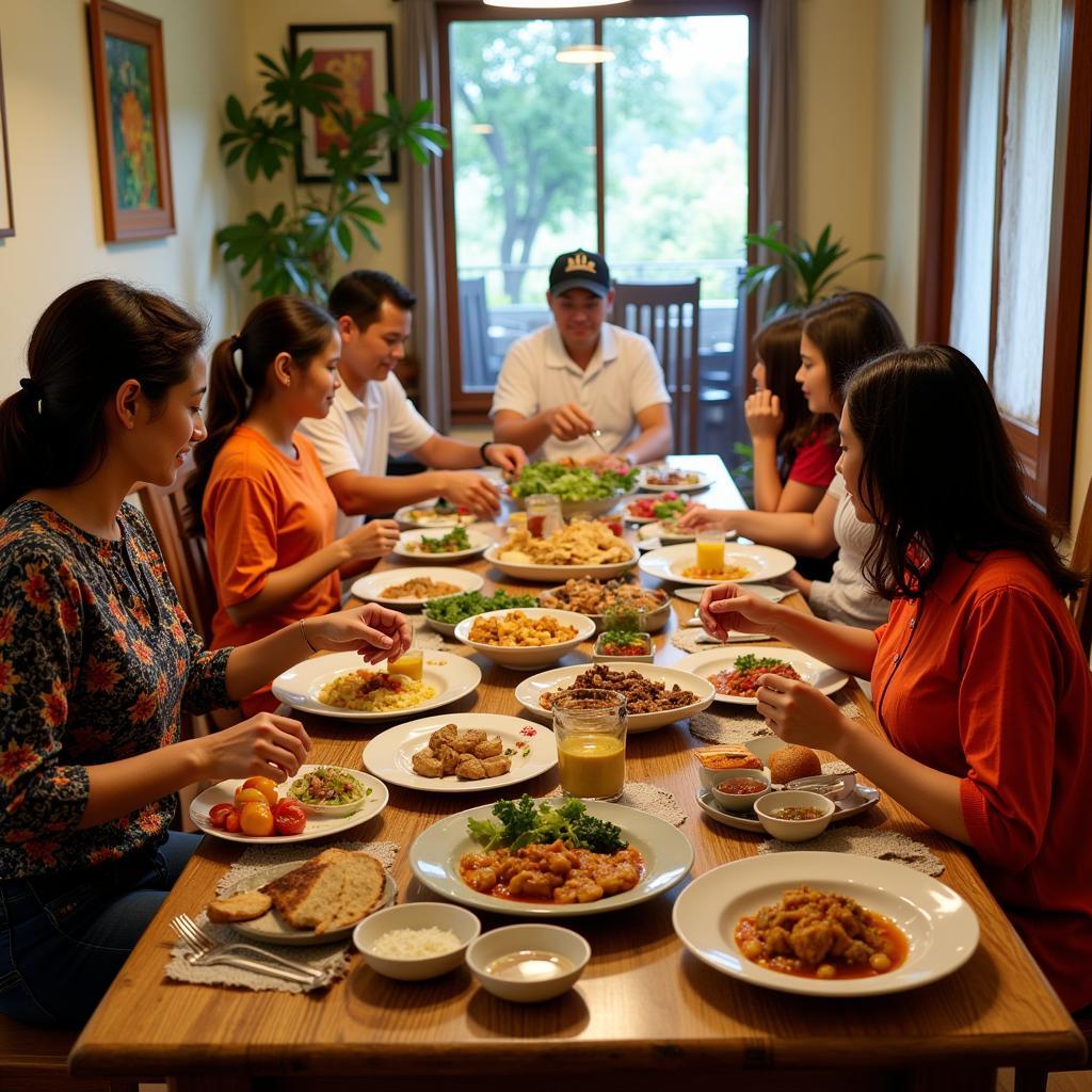 A heartwarming scene of a family dinner at a Pulau Hatta homestay, with guests sharing a meal with their local hosts.