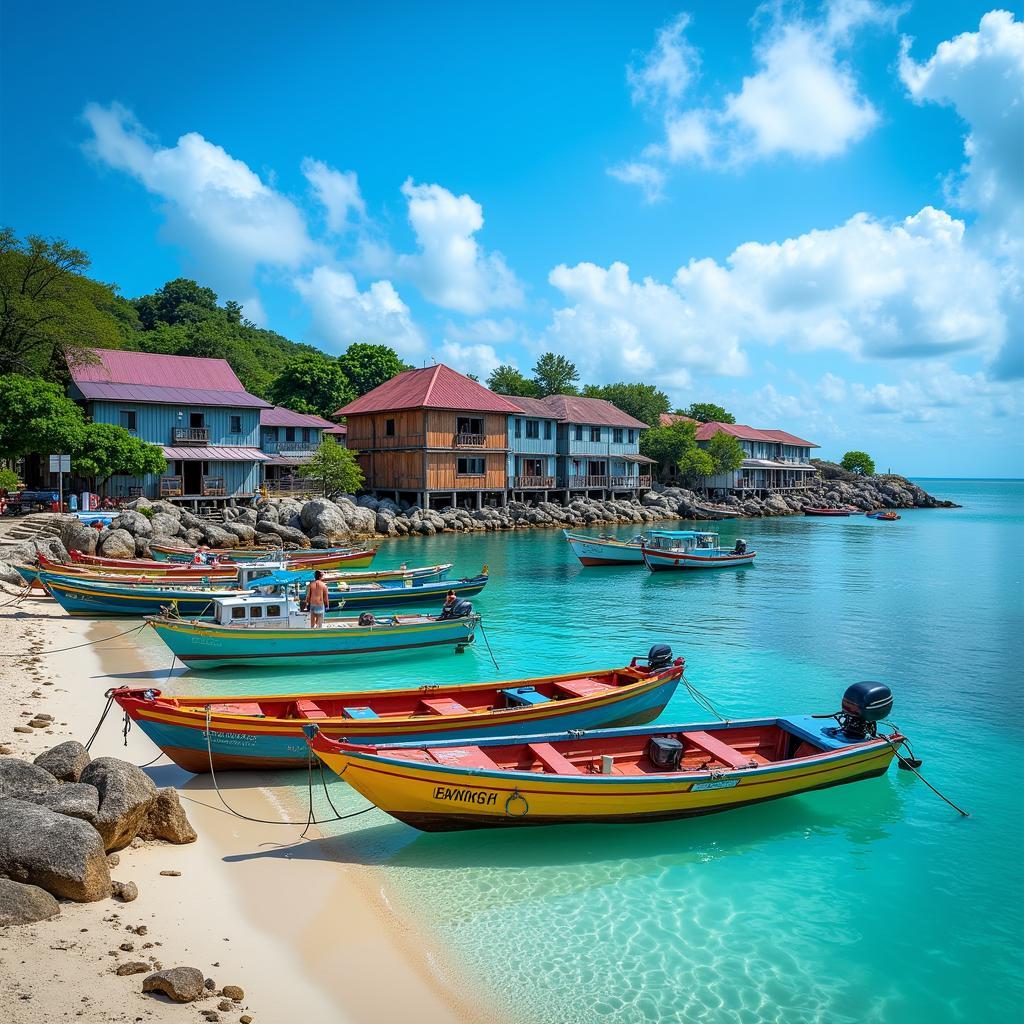 Pulau Perhentian fishing village homestay with colorful boats and traditional wooden houses.