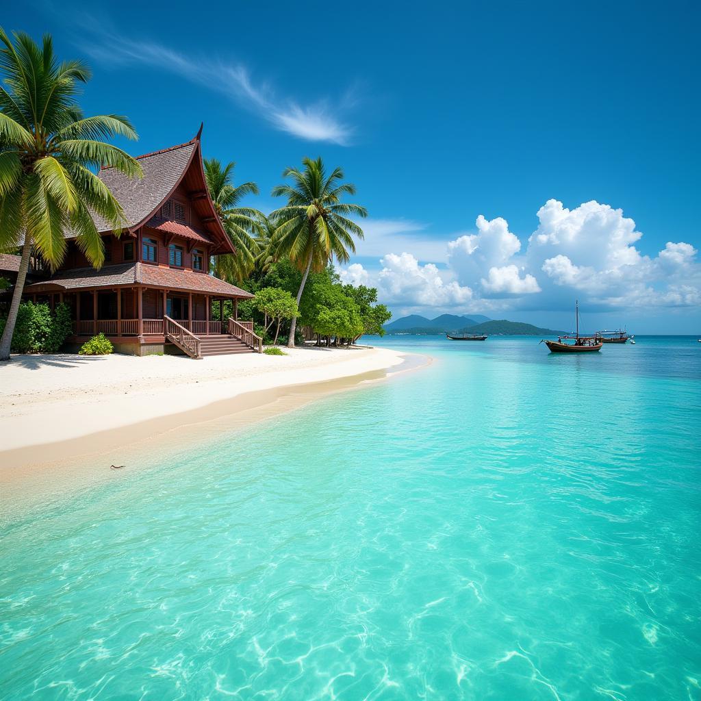 Pulau Sibu homestay with a stunning beachfront view, showing crystal clear waters and a traditional Malaysian house.