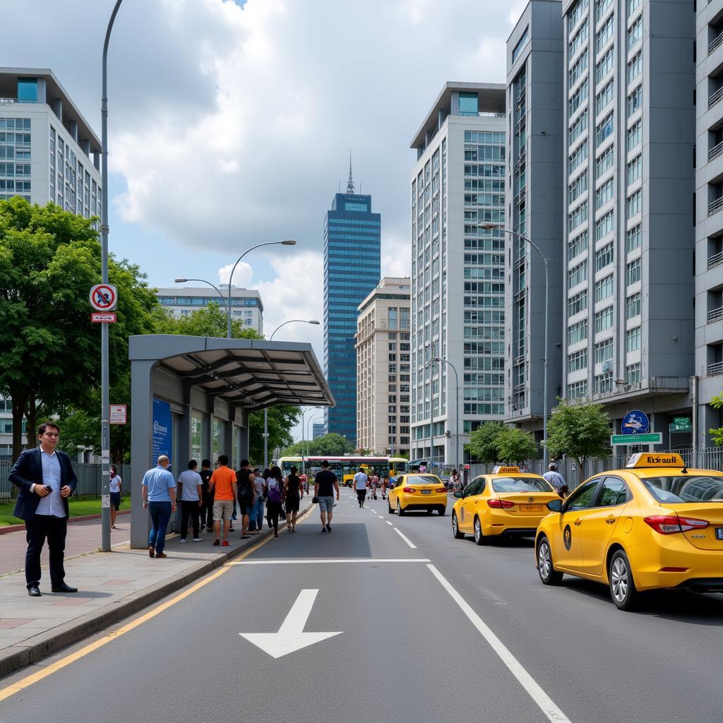 Various transportation options in Putrajaya, including buses and taxis