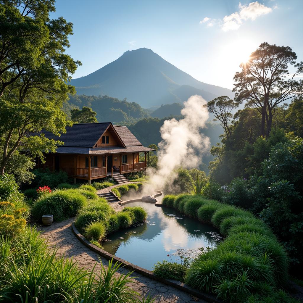 Scenic view of a hot spring homestay in Ranau with Mount Kinabalu in the background