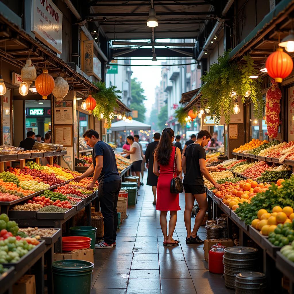 Tourists exploring a bustling local market in Saigon