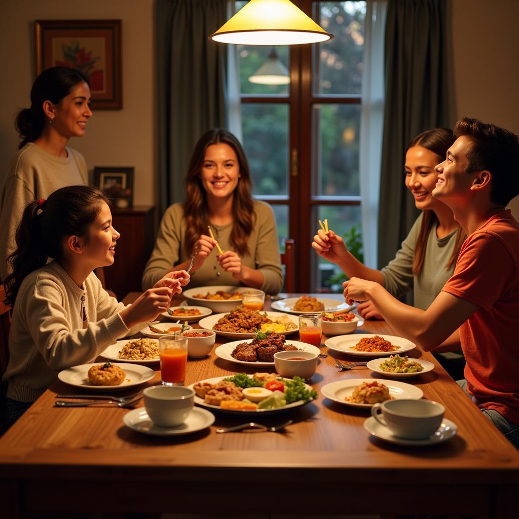 A family enjoying a traditional meal at a homestay in Sakleshpur