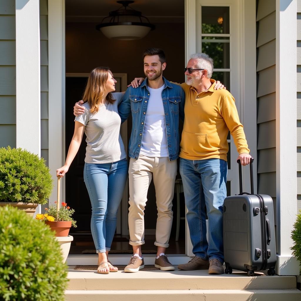 A warm and welcoming San Diego homestay family greets a new student at their doorstep.