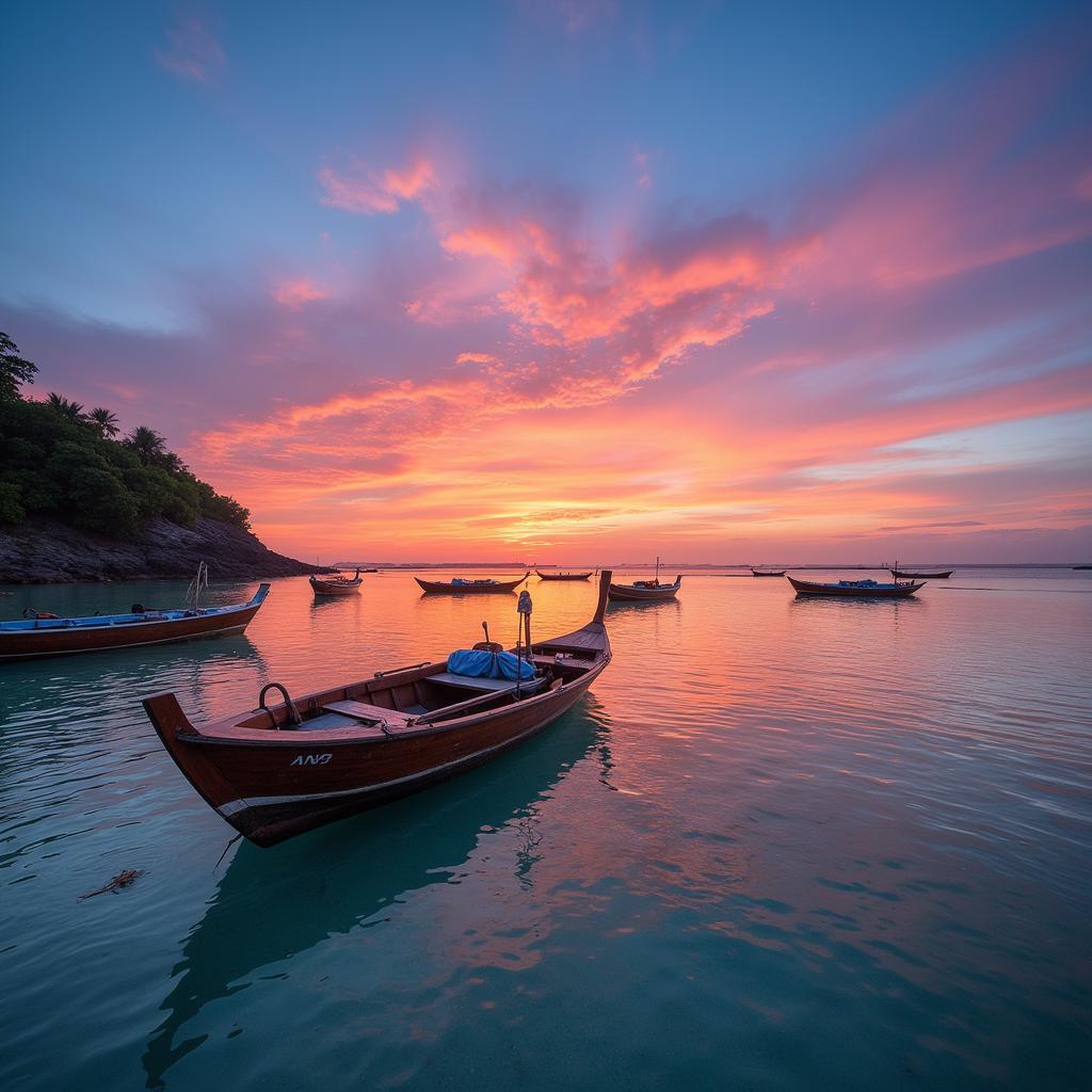 Sunrise over Sanur Beach in Bali with calm turquoise waters and traditional fishing boats