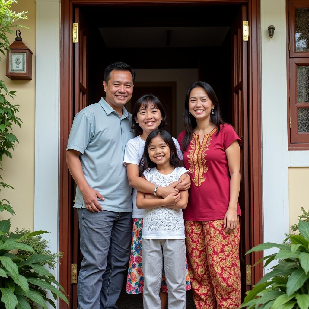 Happy family welcoming guests to their homestay in Selayang Baru