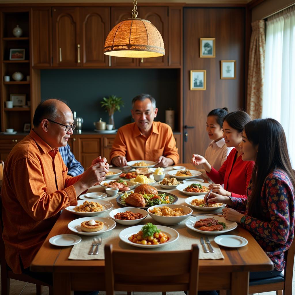 Family enjoying a meal together in a Senadin Miri homestay