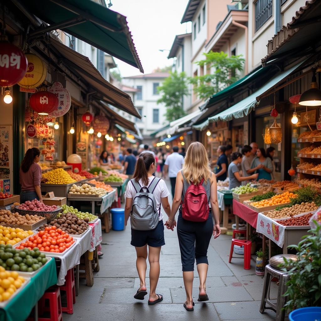 Homestay guests exploring a bustling local market in Singapore