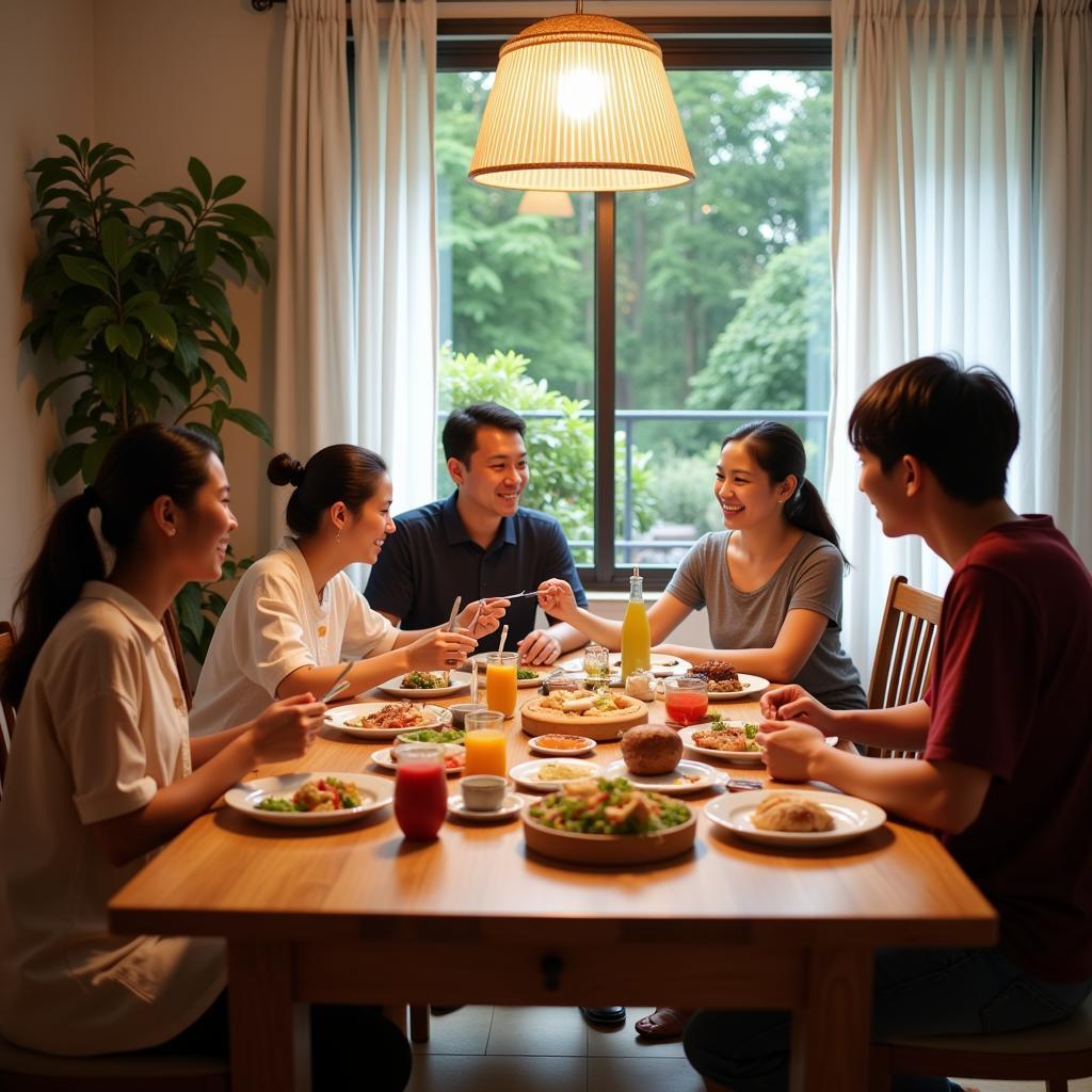 Singaporean Family enjoying dinner with homestay guests