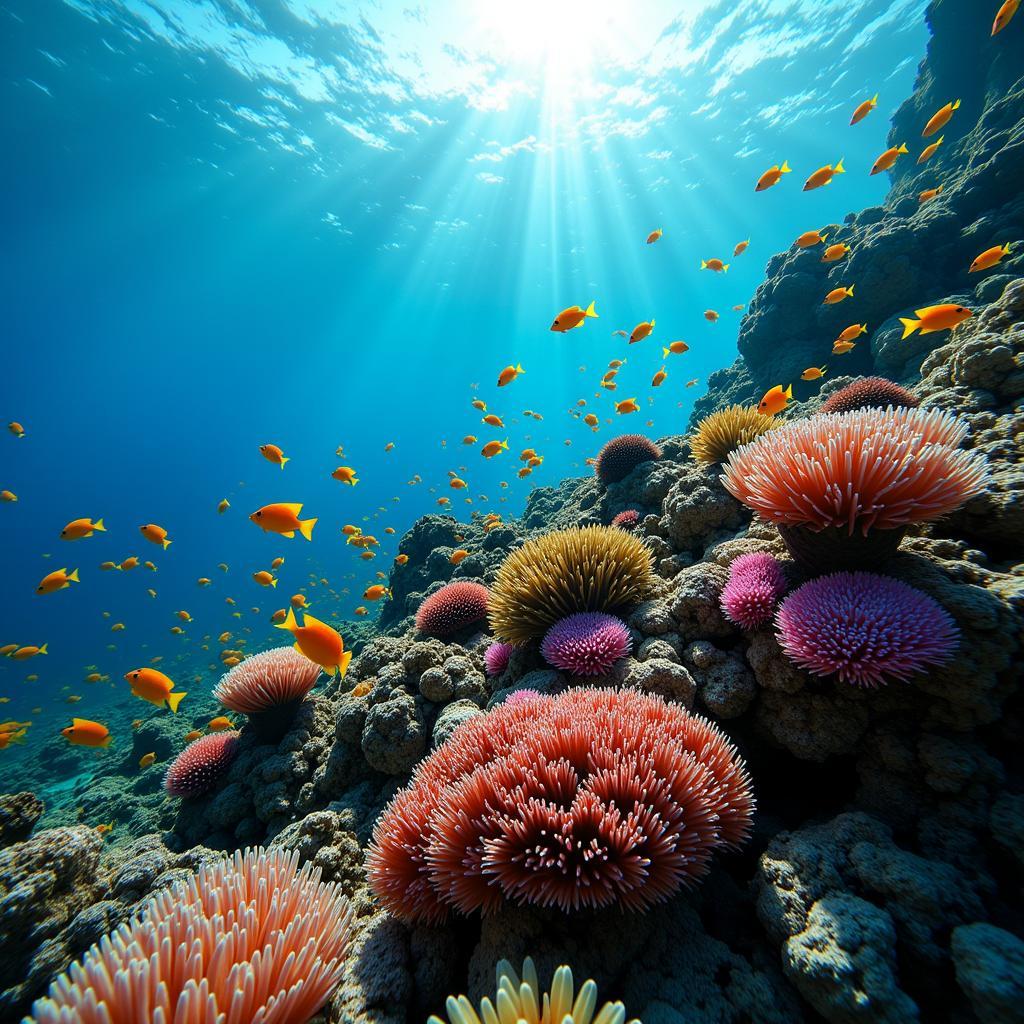 Snorkeling in Pulau Harapan: A vibrant underwater scene showcasing the colorful coral reefs and diverse marine life of Pulau Harapan.