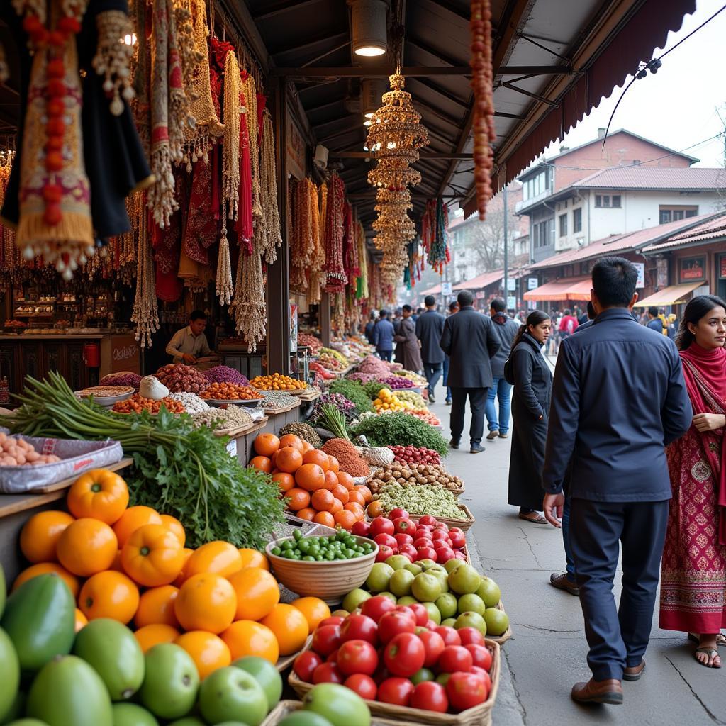 Solan Local Market - A bustling scene filled with colorful stalls selling local produce, handicrafts, and traditional clothing. Locals interact and bargain, creating a vibrant atmosphere.