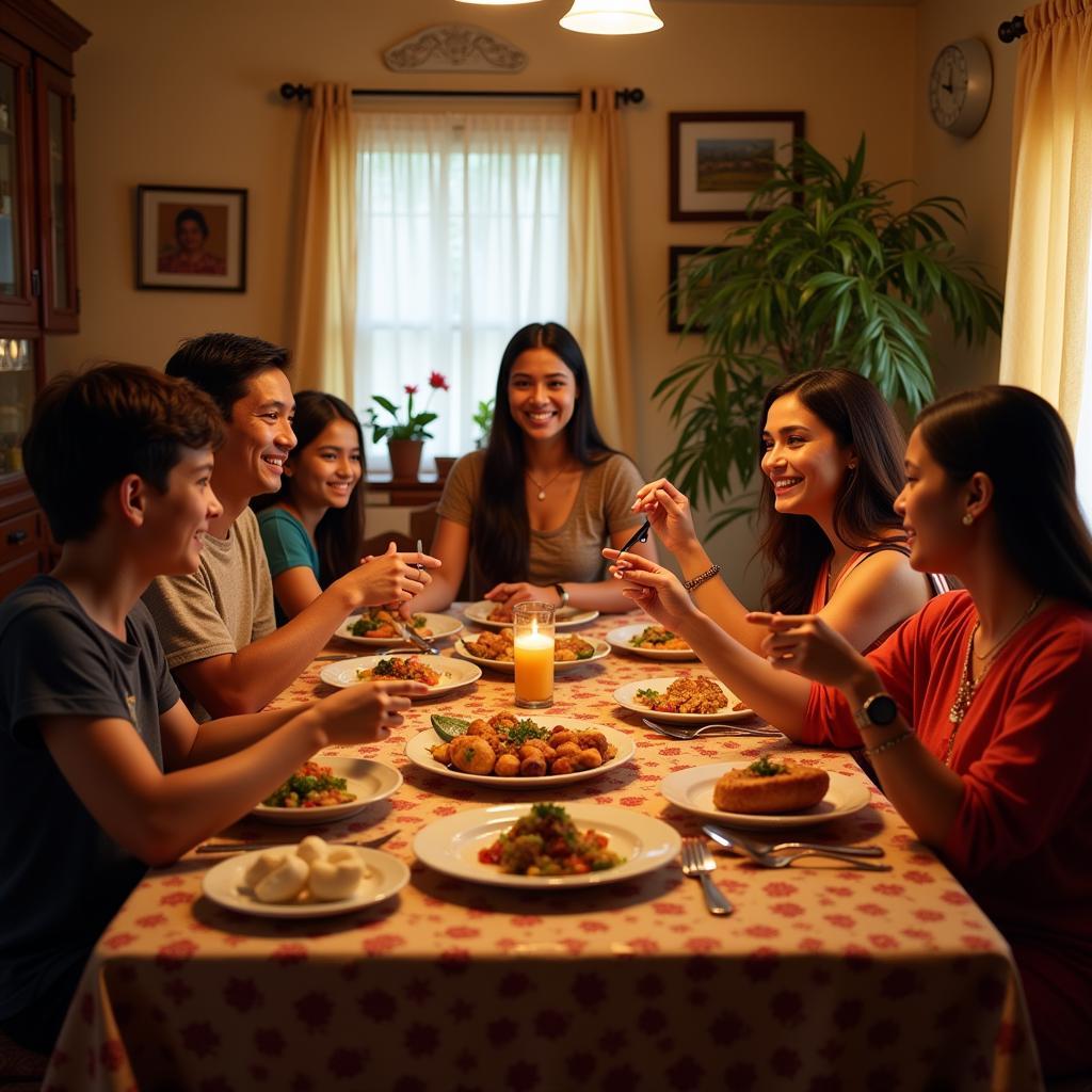 Family enjoying a meal together at a homestay in Someshwara