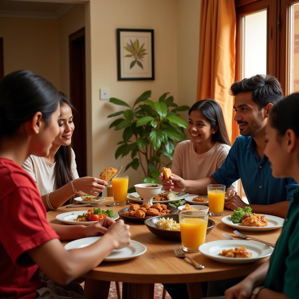 A family enjoying a traditional South Indian meal together in a vibrant homestay setting.