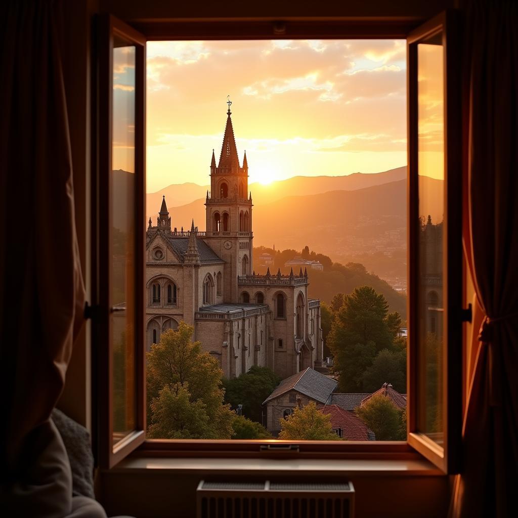 View of a Spanish architectural marvel from a homestay window