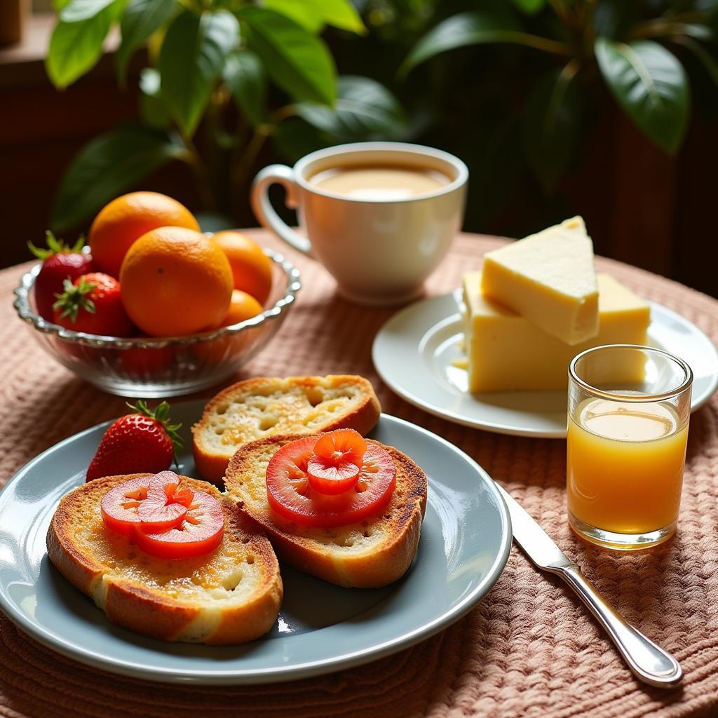 A table laden with traditional Spanish breakfast items.