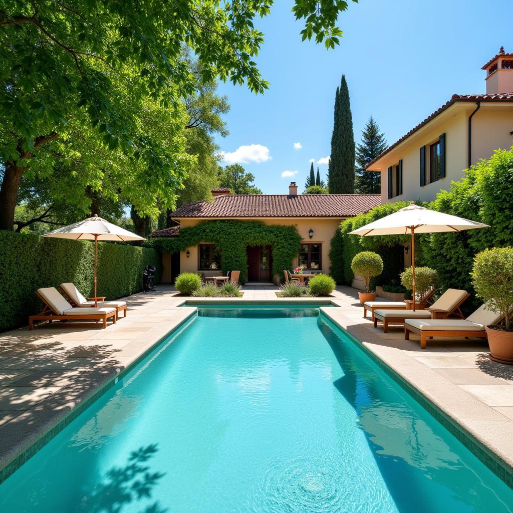 Relaxing by the pool at a clothing optional villa in Spain.