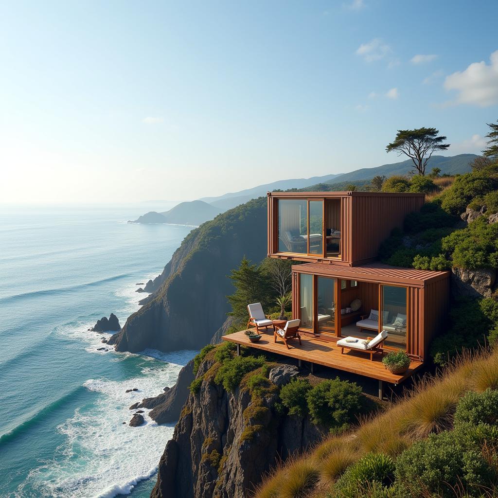 Container homestay perched on a cliff overlooking the Spanish coast.