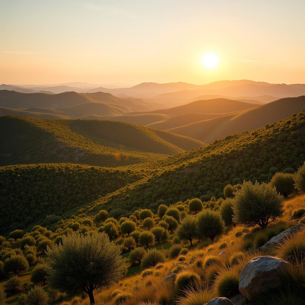 Picturesque view of the Spanish countryside in Andalusia, with rolling hills and olive groves, showcasing the natural beauty and tranquility of Spain, a perfect escape from city life.