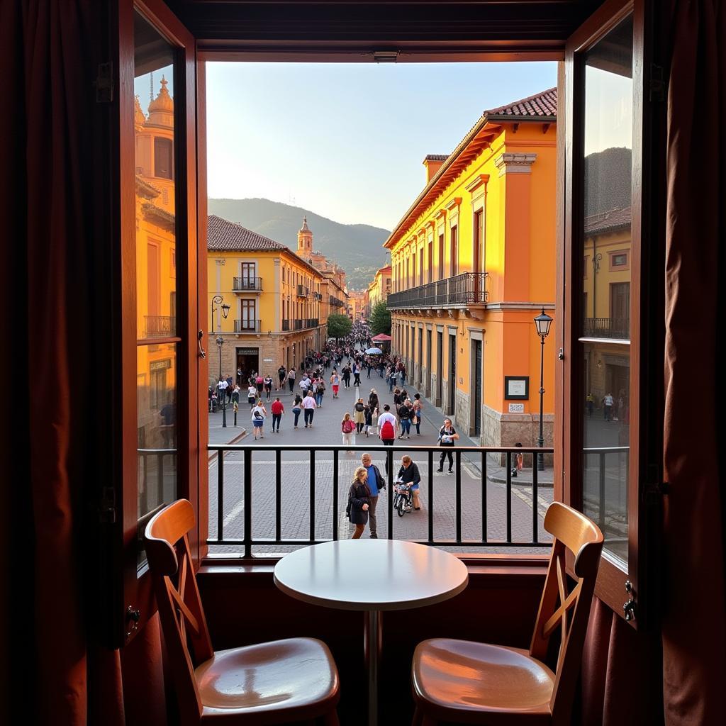 A charming Spanish plaza viewed from a downtown homestay window.