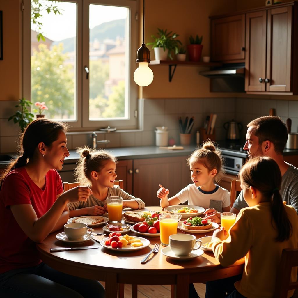 Spanish Family Enjoying Breakfast in a Homestay