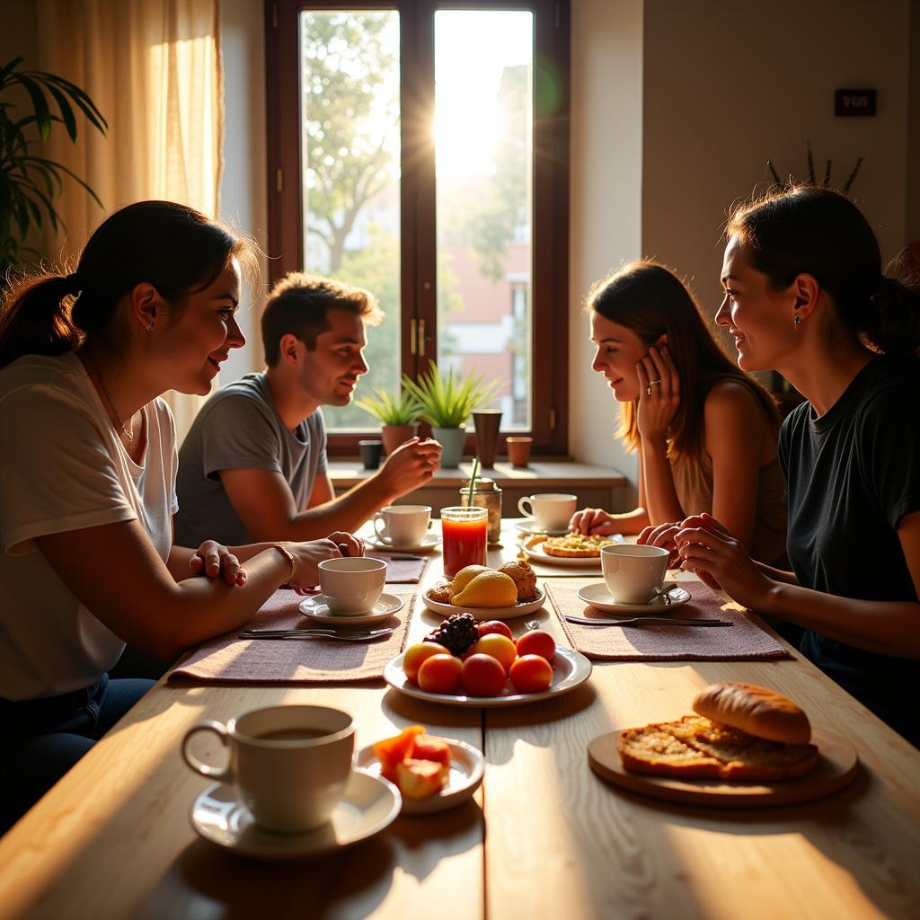 Spanish Family Enjoying Breakfast with Homestay Guest