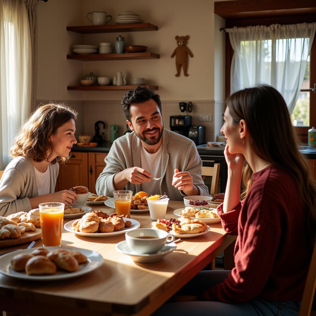 Spanish Family Enjoying Breakfast Together in a Cozy Homestay