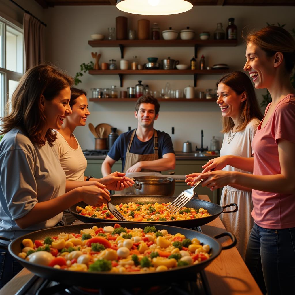 Spanish Family Preparing Paella Together