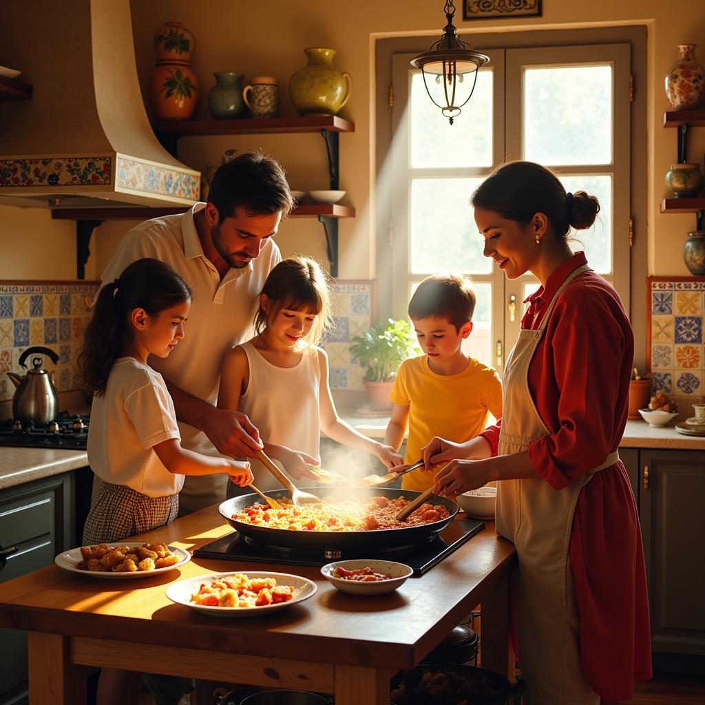 A Spanish family cooking paella together in their home kitchen