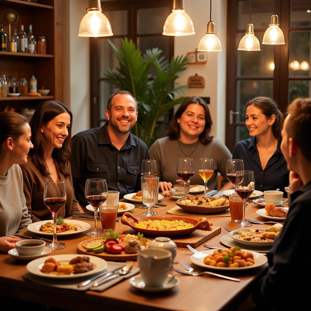 A Spanish family enjoying dinner together around a table filled with traditional dishes