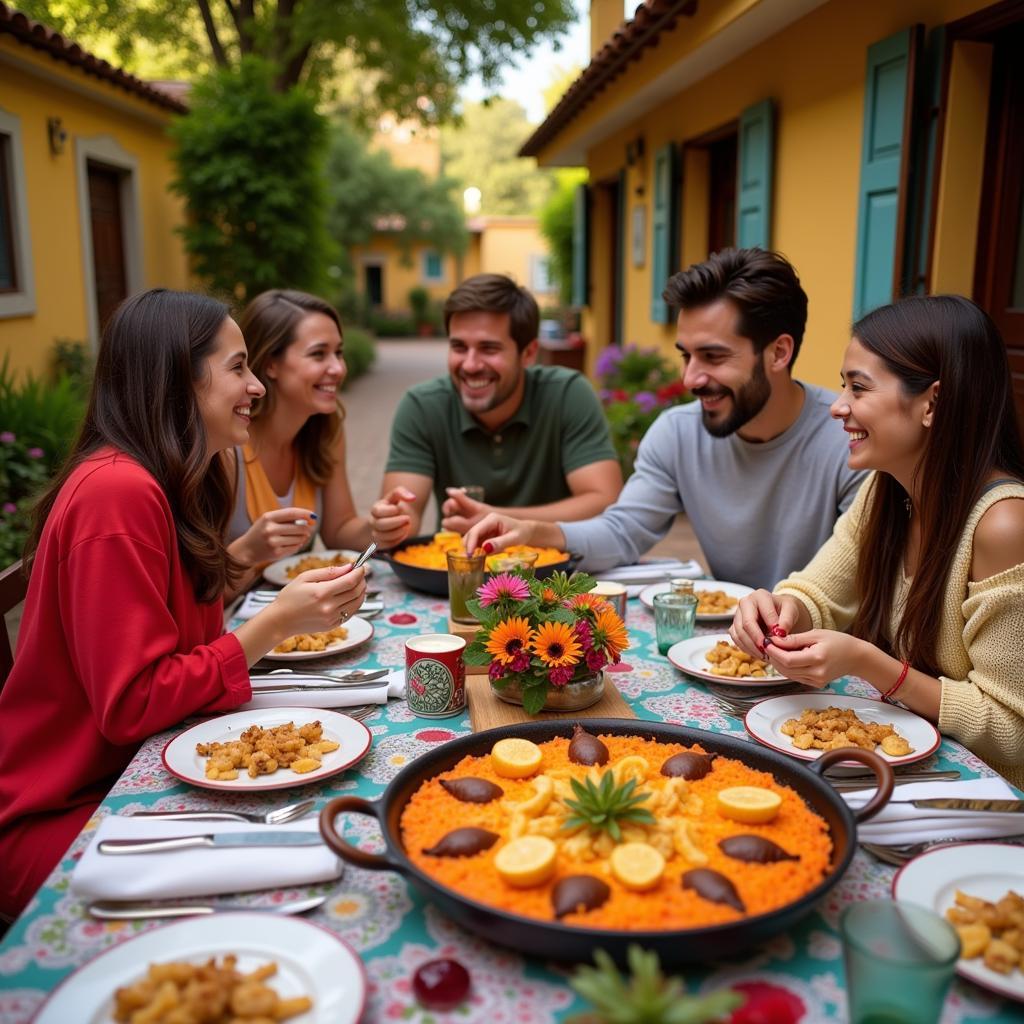 Family enjoying a traditional Spanish dinner