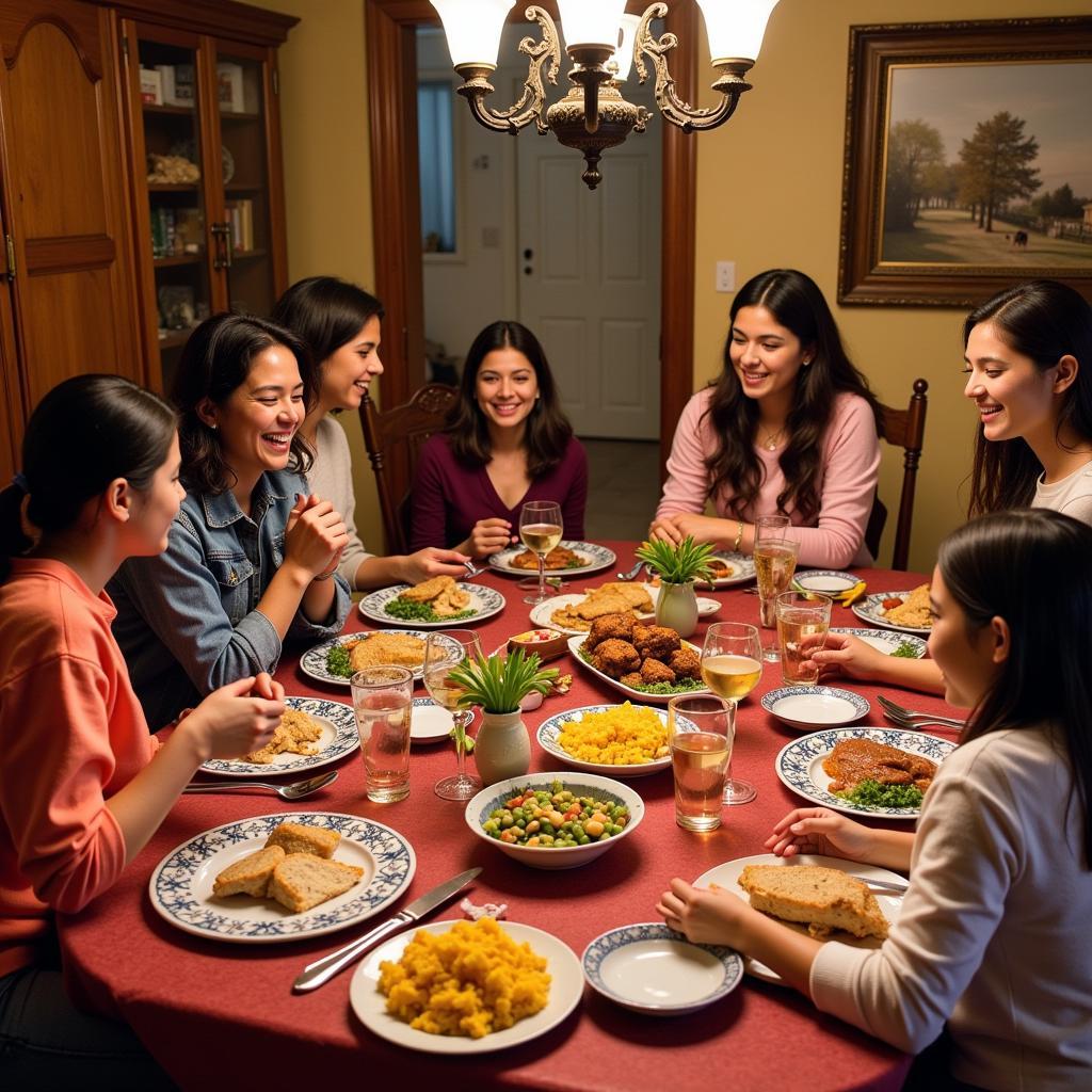 A warm and welcoming Spanish family enjoys dinner together with their Cal Poly Pomona homestay student.