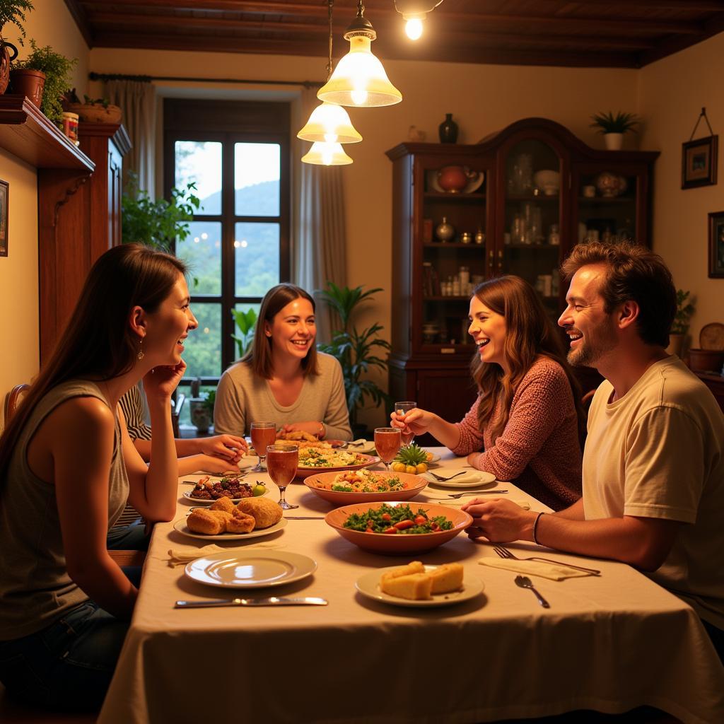 Family dinner at a Spanish dot homestay