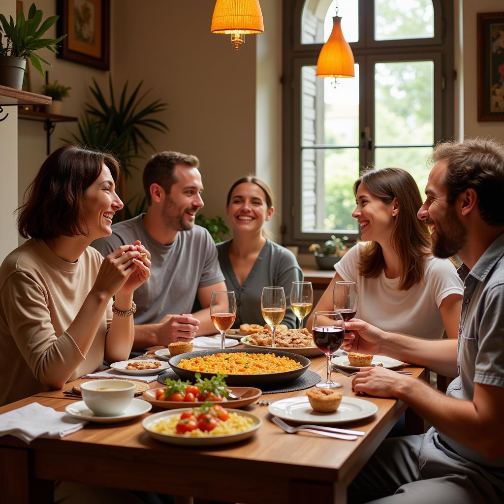 Family enjoying a traditional Spanish dinner in a Gnathang homestay