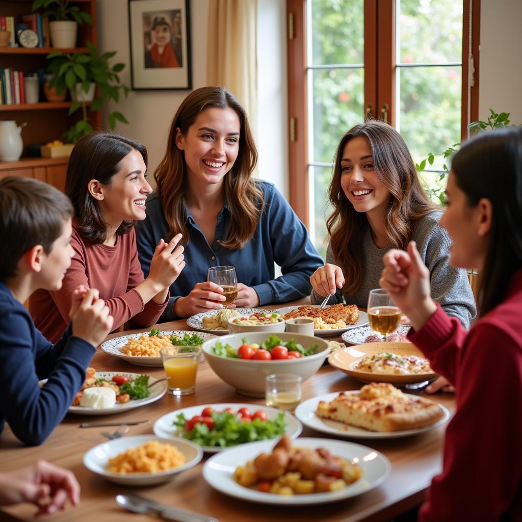 A warm and inviting scene of a Spanish family enjoying dinner together, welcoming a Green River College homestay student.