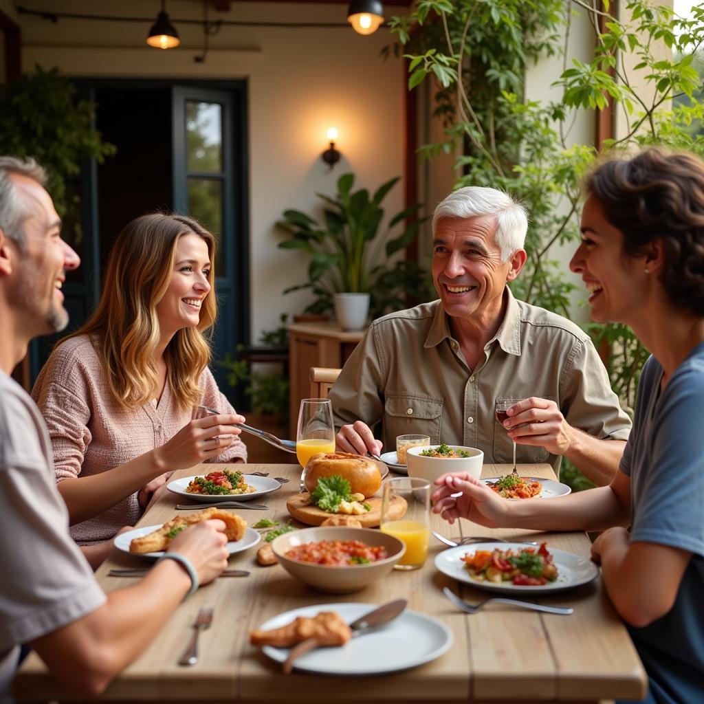 A Spanish family enjoying a traditional dinner together during a helo homestay.