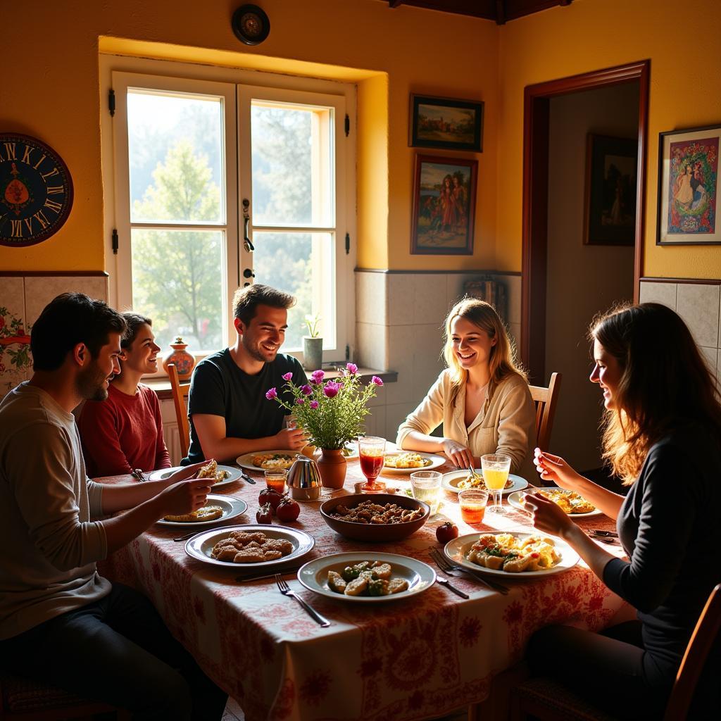 A Spanish family enjoying dinner together in their home, showcasing the warm hospitality of a homestay experience.