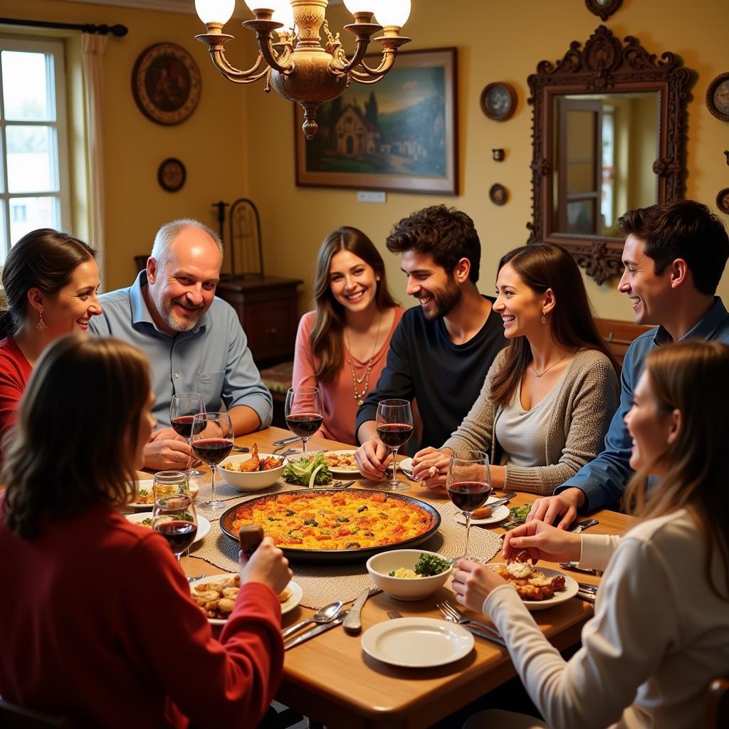 Family enjoying a traditional Spanish dinner in a homestay