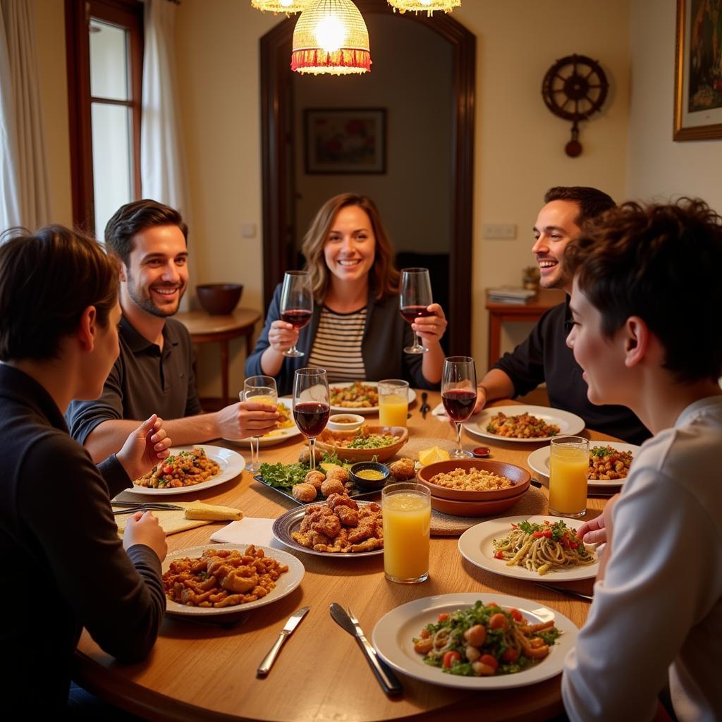 Enjoying a traditional Spanish dinner with a host family