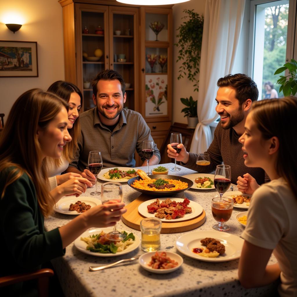 Enjoying a traditional Spanish dinner with a host family during a homestay experience