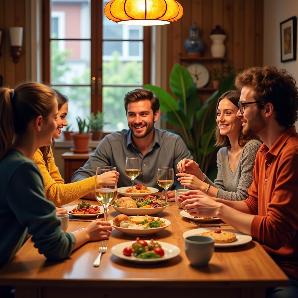 Spanish family having dinner with international student in a homestay setting